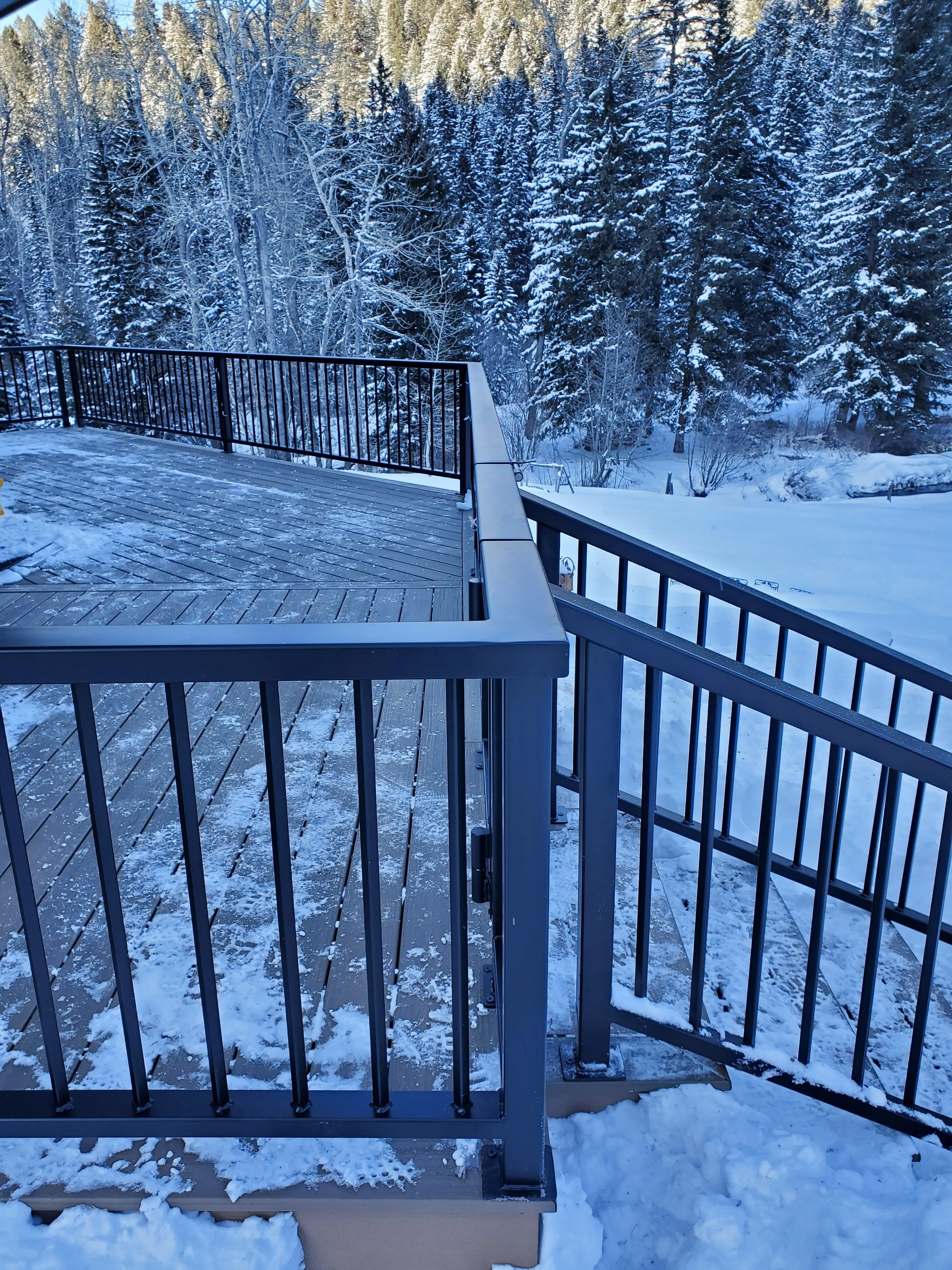 A steel deck railing overlooking a snow-covered forest