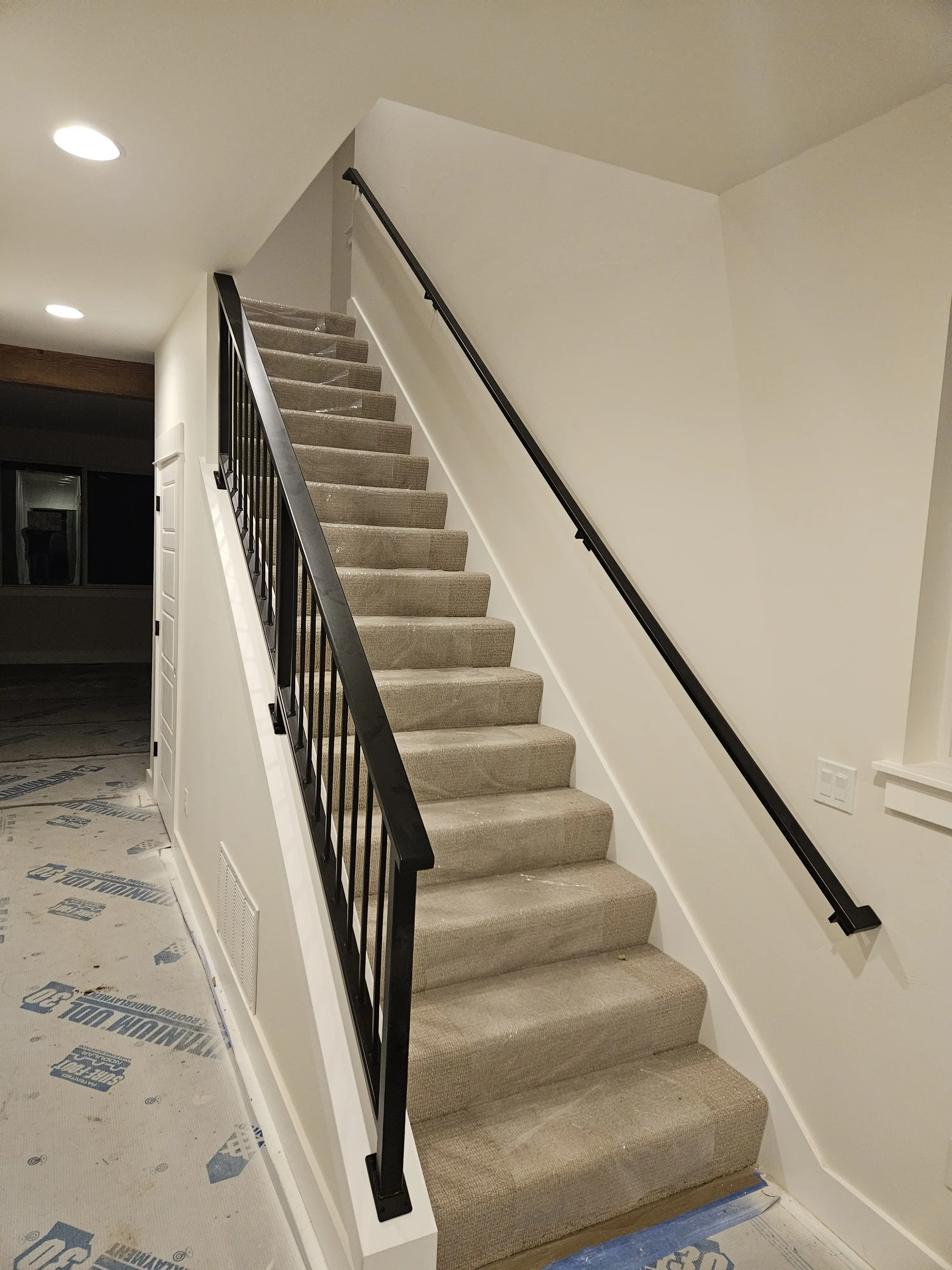 A carpeted staircase with a black steel railing and matching wall rail